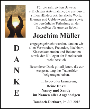 Traueranzeige von Joachim Müller von Ostthüringer Zeitung, Thüringische Landeszeitung