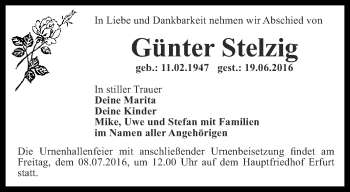 Traueranzeige von Günter Stelzig