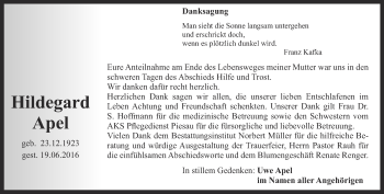 Traueranzeige von Hildegard Apel von Ostthüringer Zeitung