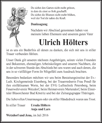 Traueranzeige von Ulrich Hölters von Ostthüringer Zeitung