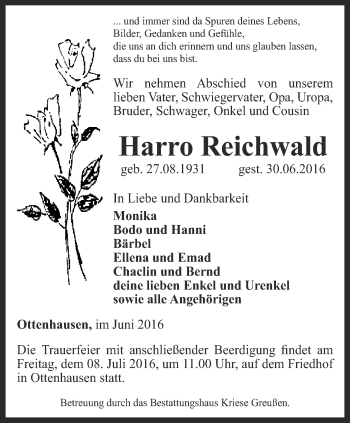 Traueranzeige von Harro Reichwald von Thüringer Allgemeine