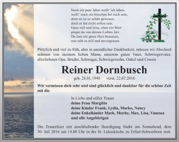 Traueranzeige von Reiner Dornbusch von Thüringer Allgemeine, Thüringische Landeszeitung