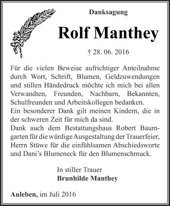 Traueranzeige von Rolf Manthey von Thüringer Allgemeine