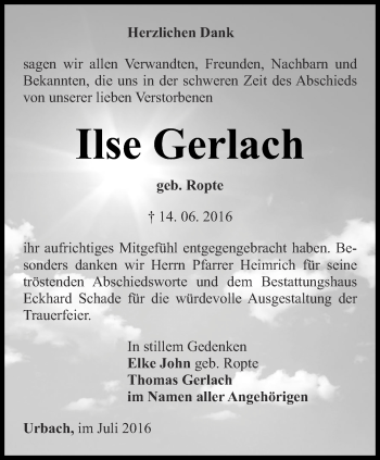 Traueranzeige von Ilse Gerlach von Thüringer Allgemeine