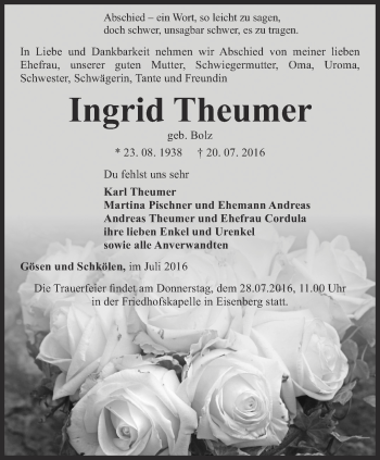 Traueranzeige von Ingrid Theumer von Ostthüringer Zeitung