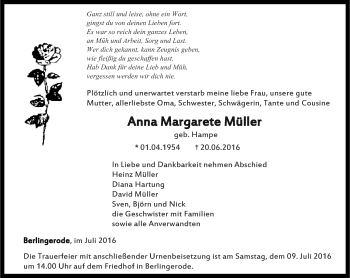 Traueranzeige von Anna Margarete Müller von Thüringer Allgemeine