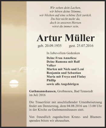 Traueranzeige von Artur Müller von Thüringer Allgemeine