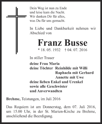 Traueranzeige von Franz Busse von Thüringer Allgemeine