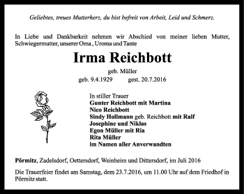 Traueranzeige von Irma Reichbott von Ostthüringer Zeitung