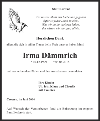 Traueranzeige von Irma Dämmrich von Ostthüringer Zeitung