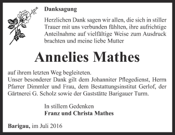 Traueranzeige von Annelies Mathes von Ostthüringer Zeitung