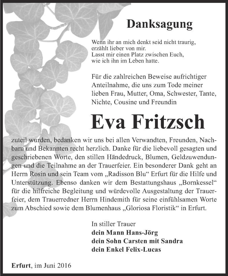  Traueranzeige für Eva Fritzsch vom 30.07.2016 aus Thüringer Allgemeine, Thüringische Landeszeitung