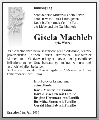 Traueranzeige von Gisela Machleb von Ostthüringer Zeitung