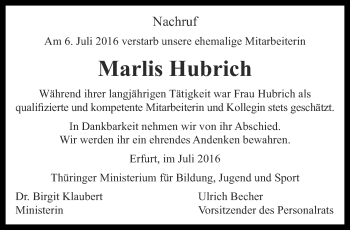 Traueranzeige von Marlis Hubrich