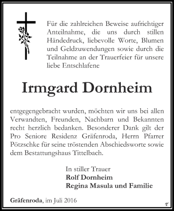 Traueranzeige von Irmgard Dornheim von Thüringer Allgemeine