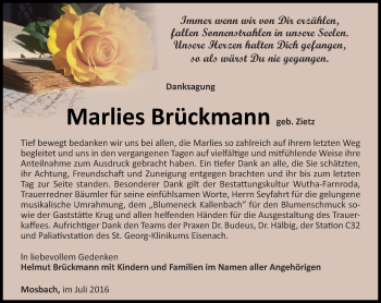 Traueranzeige von Marlies Brückmann von Thüringer Allgemeine, Thüringische Landeszeitung