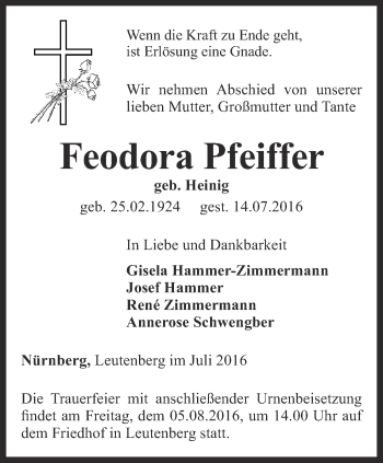 Traueranzeige von Feodora Pfeiffer von Ostthüringer Zeitung