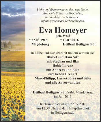 Traueranzeige von Eva Homeyer von Thüringer Allgemeine