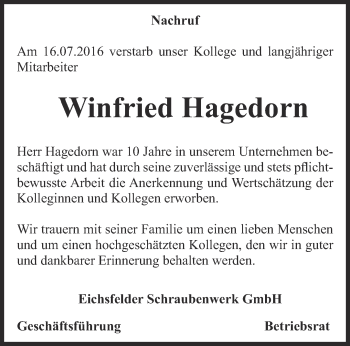 Traueranzeige von Winfried Hagedorn von Thüringer Allgemeine