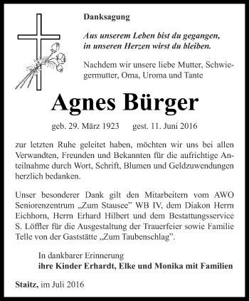 Traueranzeige von Agnes Bürger von Ostthüringer Zeitung