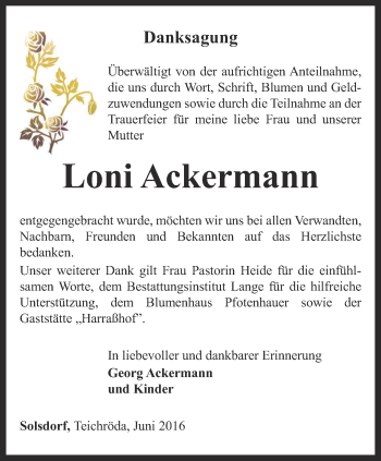 Traueranzeige von Loni Ackermann von Ostthüringer Zeitung