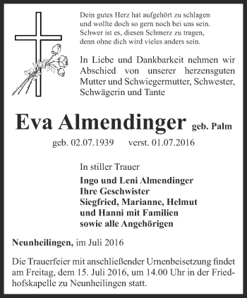 Traueranzeige von Eva Almendinger von Thüringer Allgemeine, Thüringische Landeszeitung