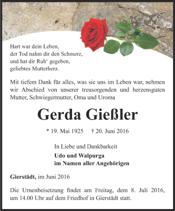 Traueranzeige von Gerda Gießler von Thüringer Allgemeine, Thüringische Landeszeitung