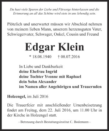 Traueranzeige von Edgar Klein von Thüringer Allgemeine