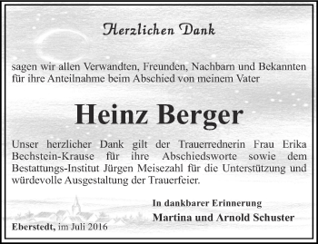 Traueranzeige von Heinz Berger von Thüringer Allgemeine, Thüringische Landeszeitung