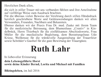 Traueranzeige von Ruth Lahr von Thüringer Allgemeine
