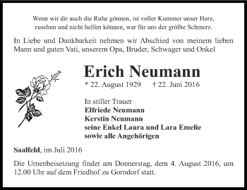 Traueranzeige von Erich Neumann von Ostthüringer Zeitung