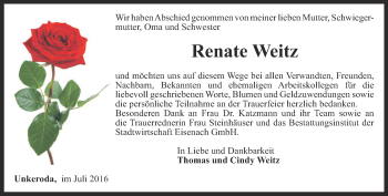 Traueranzeige von Renate Weitz von Thüringer Allgemeine, Thüringische Landeszeitung