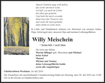 Traueranzeige von Willy Meischein von Ostthüringer Zeitung, Thüringische Landeszeitung