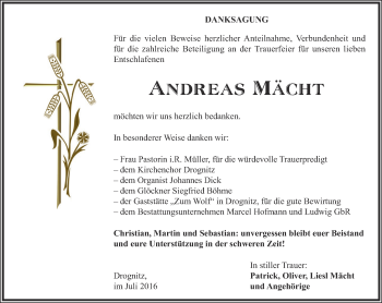 Traueranzeige von Andreas Mächt von Ostthüringer Zeitung