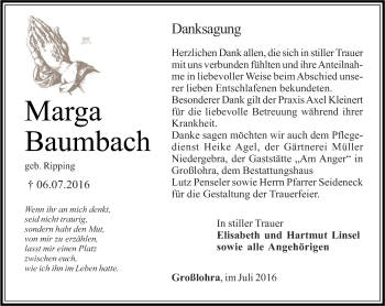 Traueranzeige von Marga Baumbach von Thüringer Allgemeine