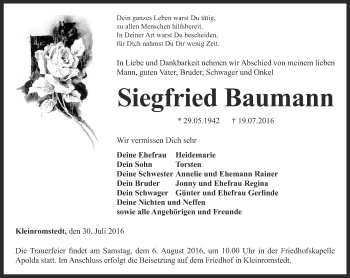 Traueranzeige von Siegfried Baumann  von Thüringer Allgemeine, Thüringische Landeszeitung