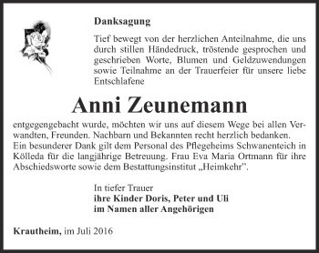 Traueranzeige von Anni Zeunemann von Thüringer Allgemeine, Thüringische Landeszeitung
