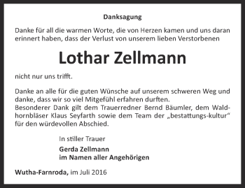 Traueranzeige von Lothar Zellmann von Thüringer Allgemeine, Thüringische Landeszeitung