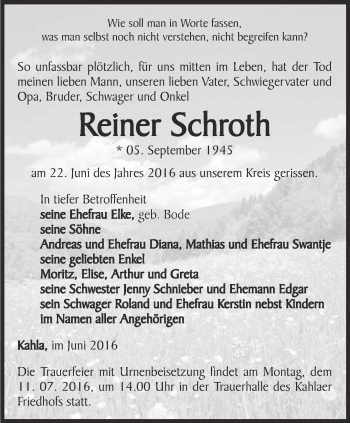 Traueranzeige von Reiner Schroth von Ostthüringer Zeitung, Thüringische Landeszeitung
