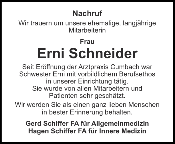 Traueranzeige von Erni Schneider von Ostthüringer Zeitung