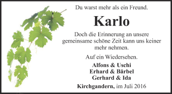 Traueranzeige von Karlo  von Thüringer Allgemeine