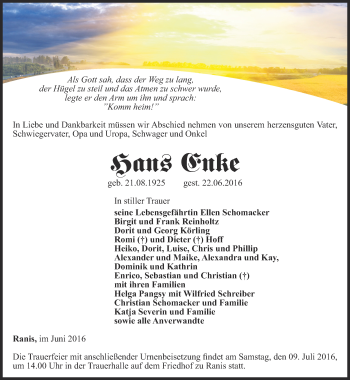 Traueranzeige von Hans Enke von Ostthüringer Zeitung