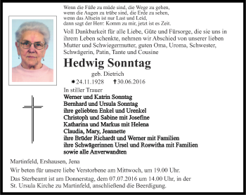 Traueranzeige von Hedwig Sonntag von Thüringer Allgemeine