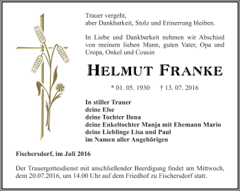 Traueranzeige von Helmut Franke von Ostthüringer Zeitung