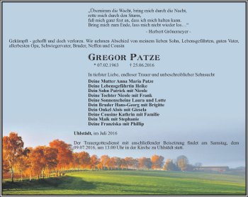 Traueranzeige von Gregor Patze von Ostthüringer Zeitung