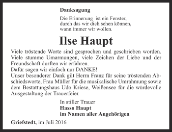 Traueranzeige von Ilse Haupt von Thüringer Allgemeine
