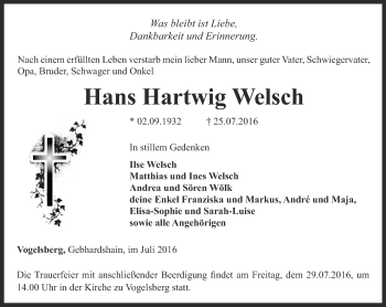 Traueranzeige von Hans Hartwig Welsch von Thüringer Allgemeine