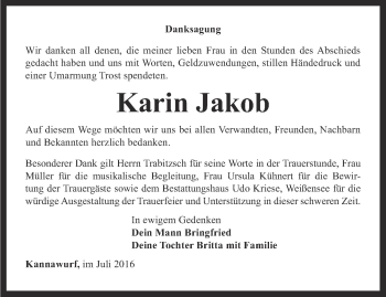 Traueranzeige von Karin Jakob von Thüringer Allgemeine