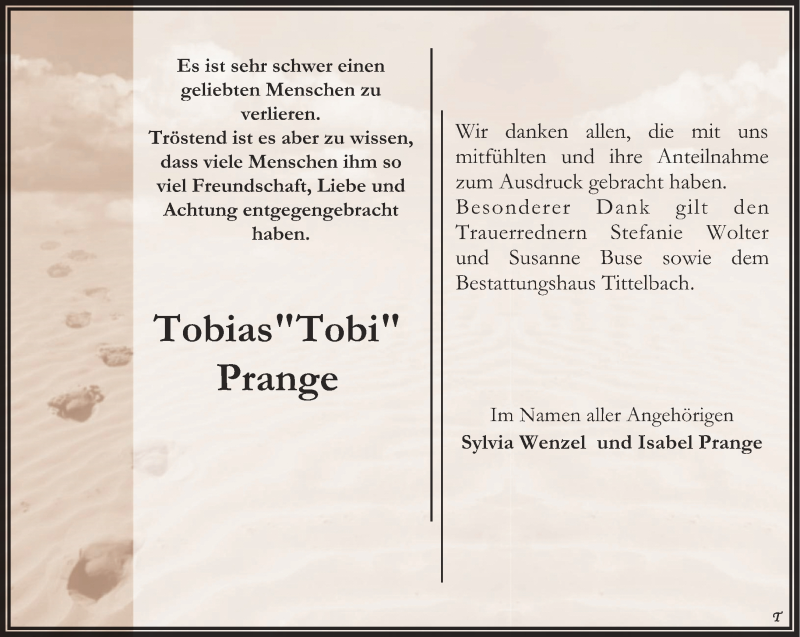  Traueranzeige für Tobias Prange vom 30.07.2016 aus Thüringer Allgemeine
