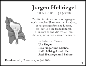 Traueranzeige von Jürgen Hellriegel von Thüringer Allgemeine